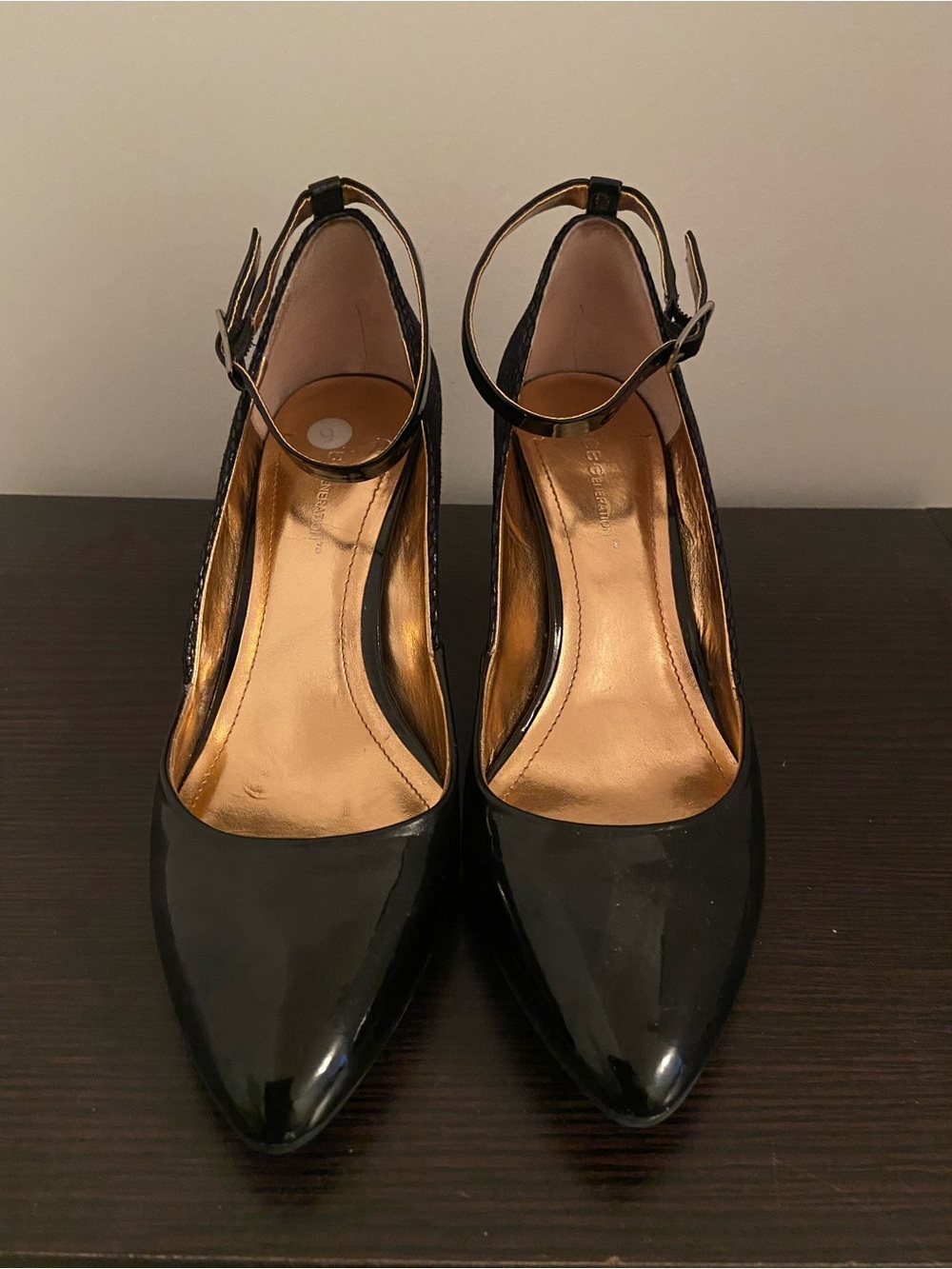 BCBGeneration Black Patent Pointed-Toe Ankle-Strap Heels
